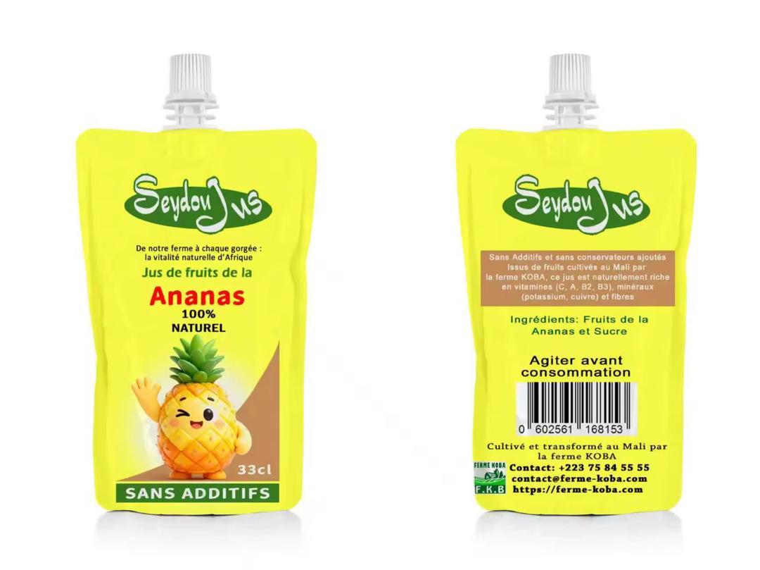 Jus de fruit d'ananas 100% naturel SEYDOU Pack de 6 sachet aseptique pour enfants de 20cl