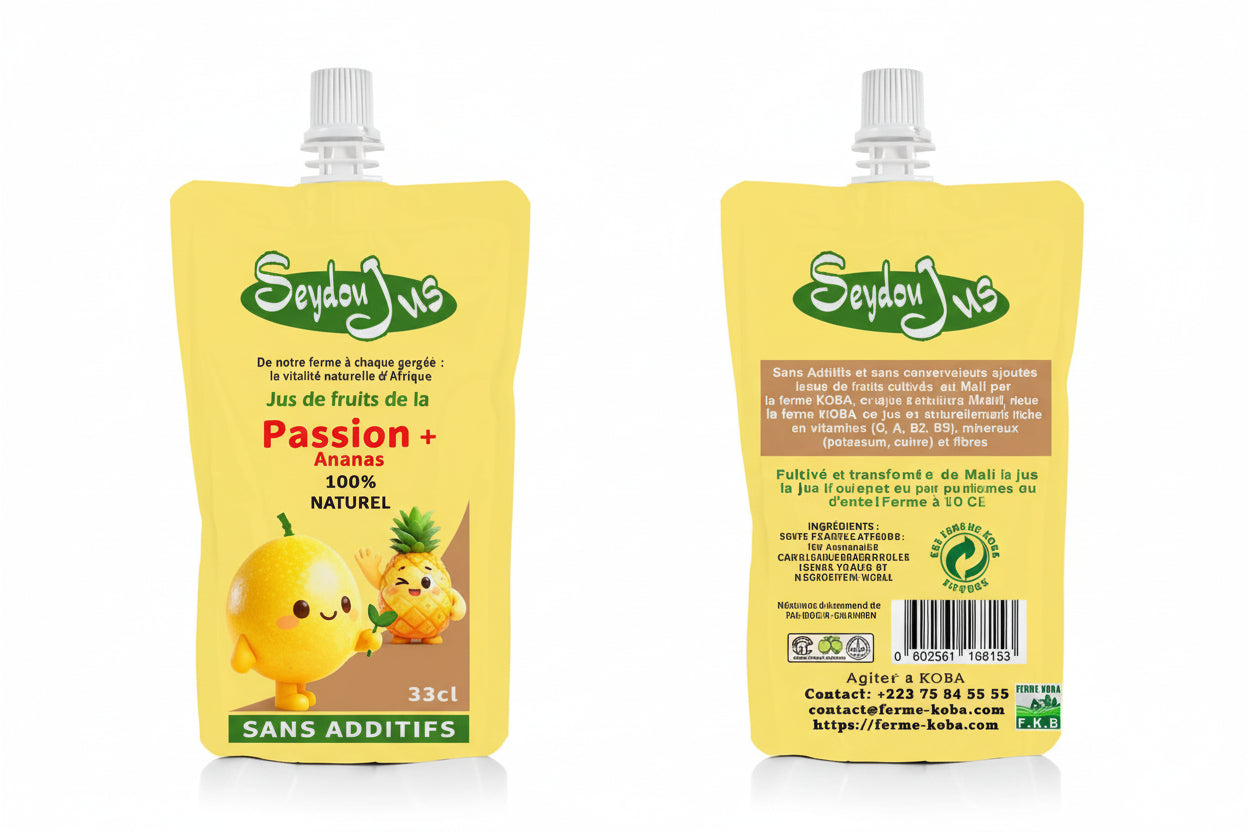 Jus de fruit de la passion 100% naturel SEYDOU+Ananas Pack de 6 sachet aseptique pour enfants de 20cl